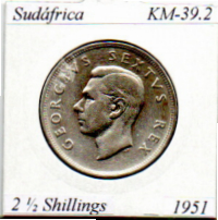 Monedas antiguas de &Aacute;frica: SUD&Aacute;FRICA 1951, 2 1-2 SHILLINGS, KM-39.2, AG, MBC; 29,95 &euro; 1