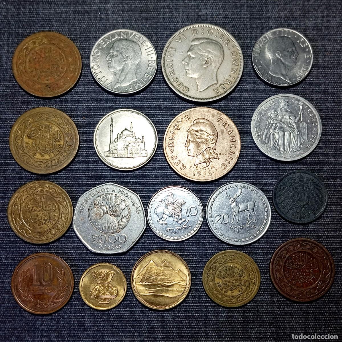Monedas antiguas de &Aacute;frica: Lote 18 Monedas del Mundo: Italia Reino, GB, Tunez, Egipto, Georgia, Japon y otros