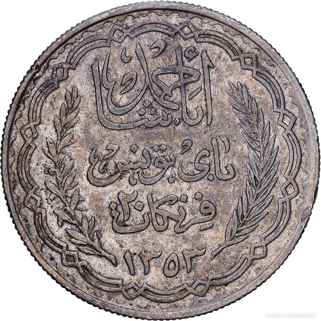 Monedas antiguas de &Aacute;frica: [#1203515] T&uacute;nez, Ahmad Pasha Bey, 20 Francs, AH 1353/1934, Paris, Plata, MBC, KM:263