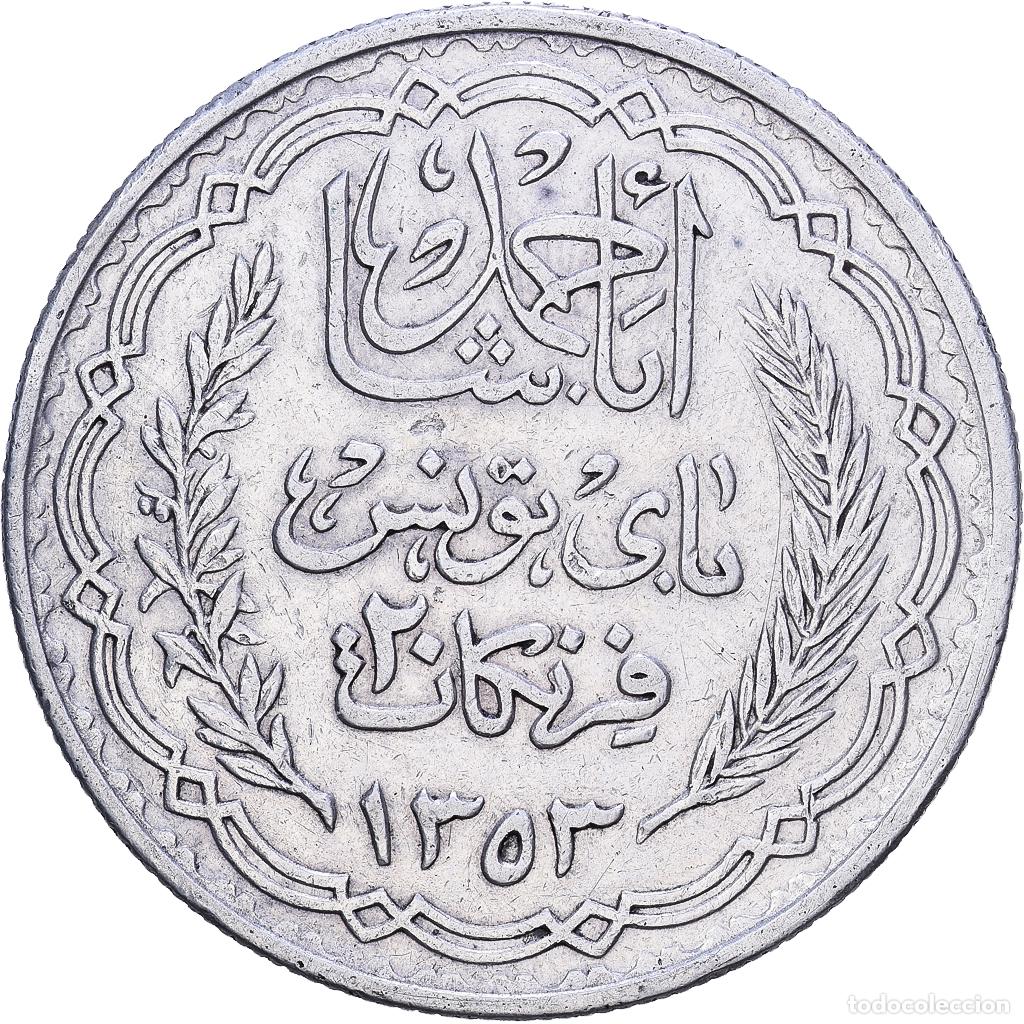 Monedas antiguas de &Aacute;frica: [#1531186] T&uacute;nez, Ahmad Pasha Bey, 20 Francs, AH 1353/1935, Paris, Plata, MBC+