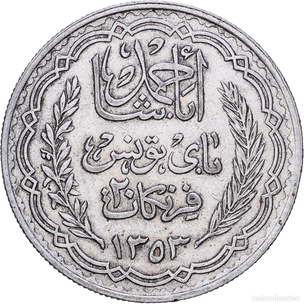 Monedas antiguas de &Aacute;frica: [#1531187] T&uacute;nez, Ahmad Pasha Bey, 20 Francs, AH 1353/1935, Paris, Plata, MBC+