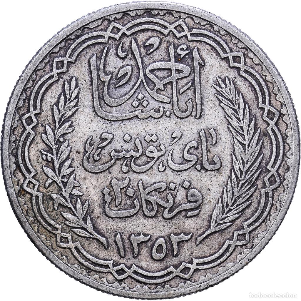 Monedas antiguas de &Aacute;frica: [#1531188] T&uacute;nez, Ahmad Pasha Bey, 20 Francs, AH 1353/1935, Paris, Plata, MBC