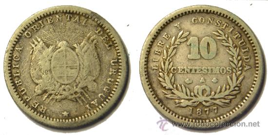 Monedas antiguas de Am&eacute;rica: URUGUAY. 10 CENT&Eacute;SIMOS DE 1877. PLATA. BC+ - Foto 1