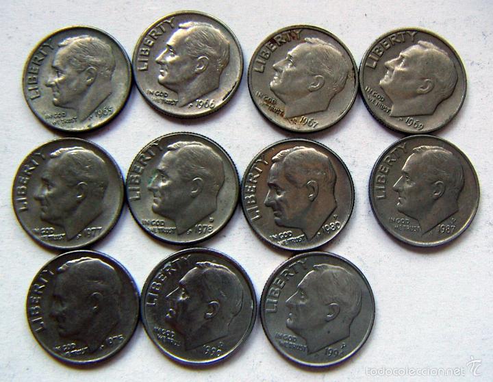 Monedas antiguas de Am&eacute;rica: 10 monedas de un Dime fechas diferentes