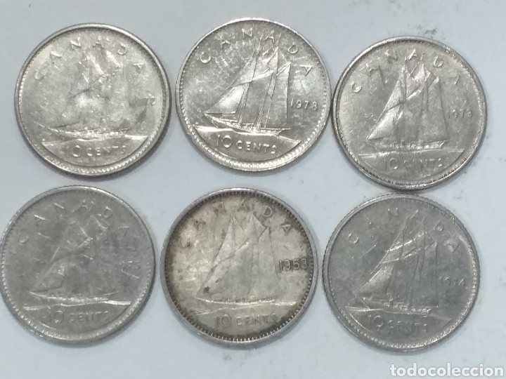 Monedas antiguas de Am&eacute;rica: 6 monedas de 10 centavos de Canada - Foto 1