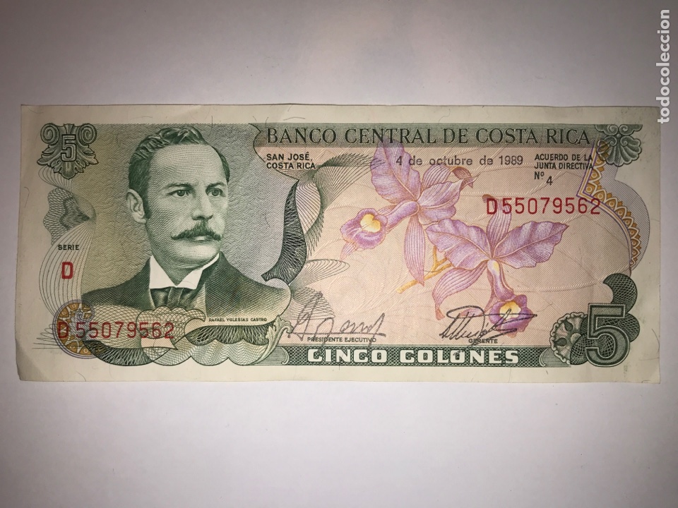 Monnaies anciennes d'Am&eacute;rique: Billete Cinco Colones. Costa Rica. 1989.