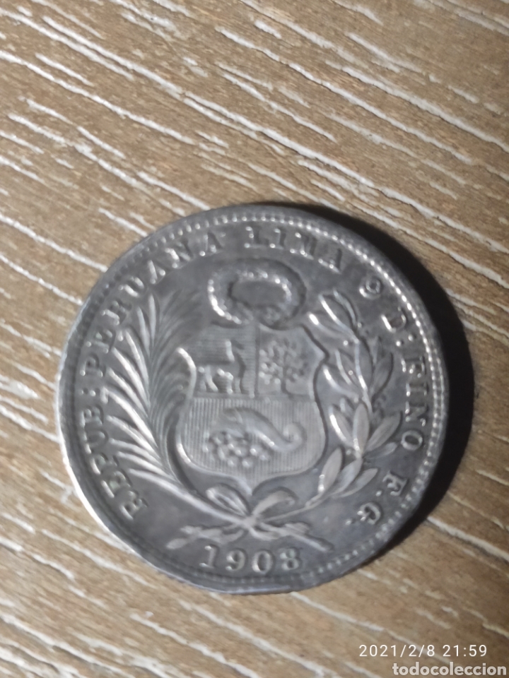 Monedas antiguas de Am&eacute;rica: Per&uacute; 1/5 sol 1908 plata 0.900 - Foto 2