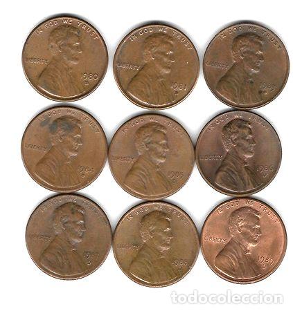 Monedas antiguas de Am&eacute;rica: ltc251 9 monedas de 1 centavo ceca d decada de 80s eeuu - Foto 1
