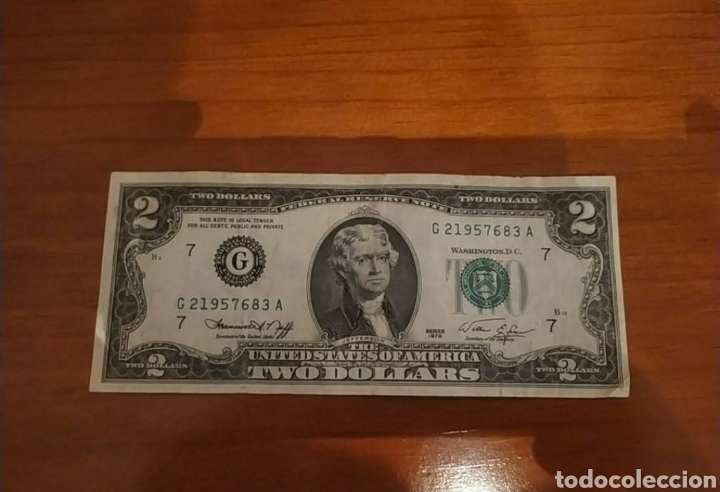 Moedas antigas da Am&eacute;rica: Billete 2$ 1976 serie G7. G 21957683 A. serie muy escasa.