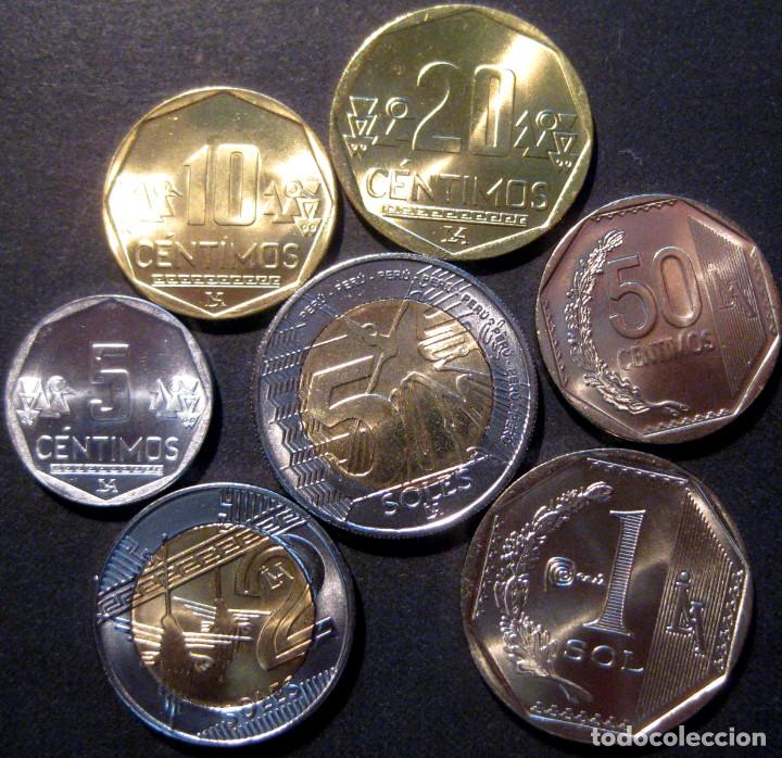 Monedas antiguas de Am&eacute;rica: Per&uacute;, Set de 7 monedas circulantes (2018-21): 5, 10, 20 y 50 c&eacute;ntimos + 1, 2 y 5 Soles (las dos ...