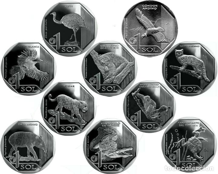 Monedas antiguas de Am&eacute;rica: Per&uacute;, Set de 10 x 1 Sol (2017-19) ''Fauna en peligro de extinci&oacute;n''./ Alpaca./ Nuevas, Sin Circular.