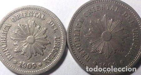 Monedas antiguas de Am&eacute;rica: moneda uruguay 2 y 5 centesimos 1909 - Foto 1