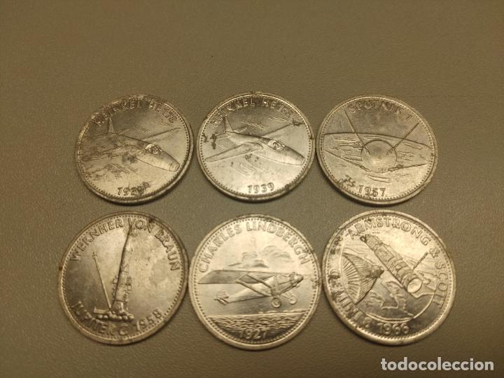 Old Coins of America: 6 MONEDAS TOKEN JET&Oacute;N SHELL - SERIE CONQUISTA DEL ESPACIO -26,00 MM 1927, 1939, 1957, 1958 Y 1966