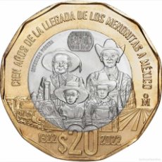 Monnaies anciennes d'Amérique: MÉXICO 20 PESOS 2022 100 AÑOS DE LA LLEGADA DE LOS MENONITAS A MÉXICO KM NEW BIMETALLIC SC UNC. Lote 364613581