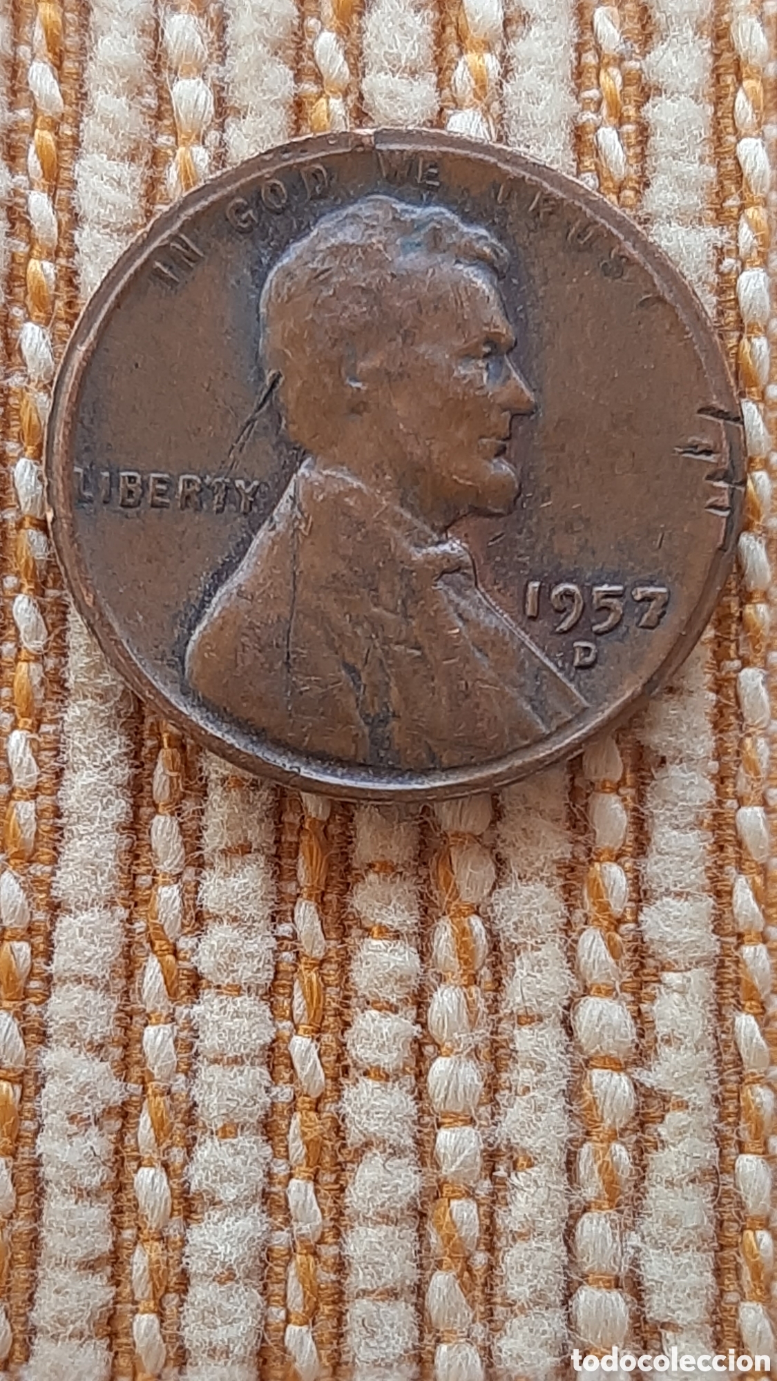 Monedas antiguas de Am&eacute;rica: (E.UNIDOS)(1957 D)(ERROR)(BRONCE) ONE CENT WHEAT ERROR CANTO DEFORMADO - Foto 1