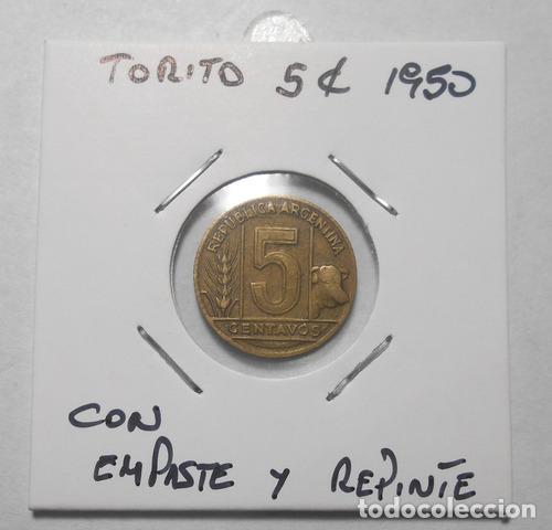 Monedas antiguas de Am&eacute;rica: argentina raro torito 5 centavos 1950 con empaste y repinte - Foto 1