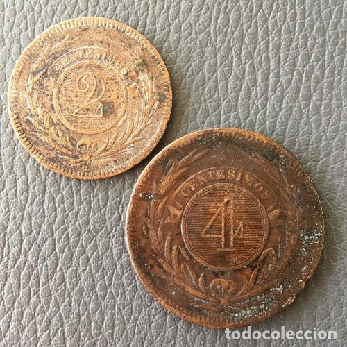 Monedas antiguas de Am&eacute;rica: uruguay par de monedas 2 y 4 centesimo 1869 h a - Foto 1
