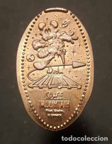 Monedas antiguas de Am&eacute;rica: moneda 1 cent dollar elongada space mountain mickey mouse
