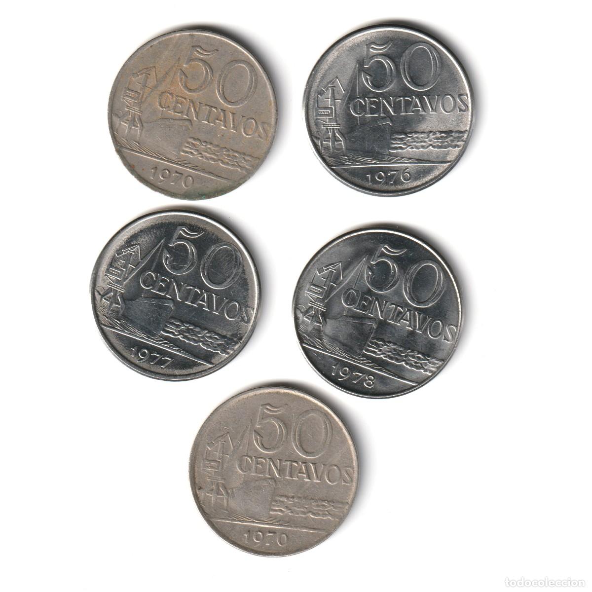 Monedas antiguas de Am&eacute;rica: Brasil cinco monedas de 50 centavos - Foto 1