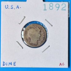 Monedas antiguas de América: E.E.U.U. (USA) 1 DIME (10 CENTS) PLATA 1892 TIPO BARBER