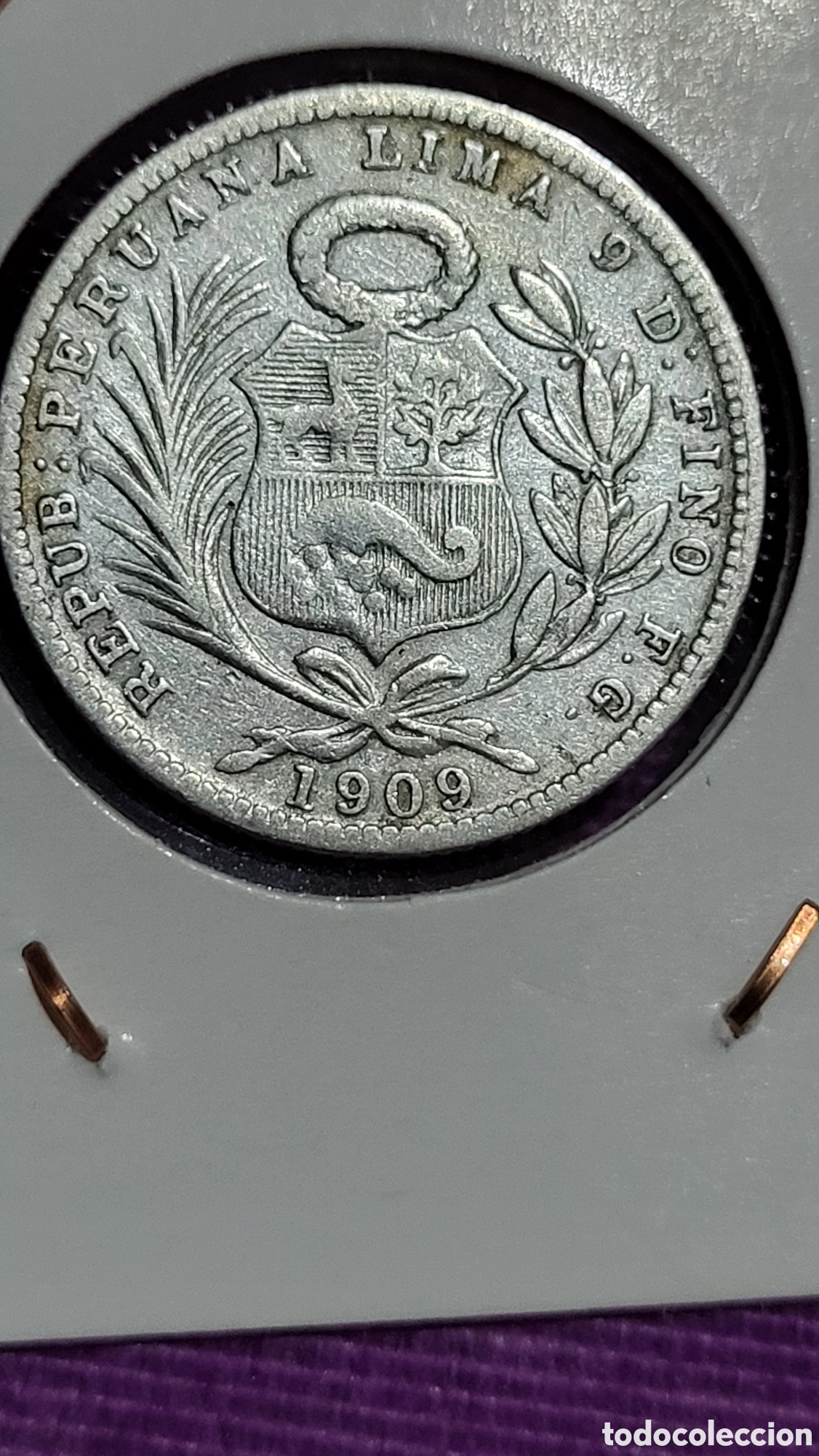 Monedas antiguas de Am&eacute;rica: Moneda 5&deg; de sol Rep&uacute;blica Per&uacute; 1909 - Foto 2