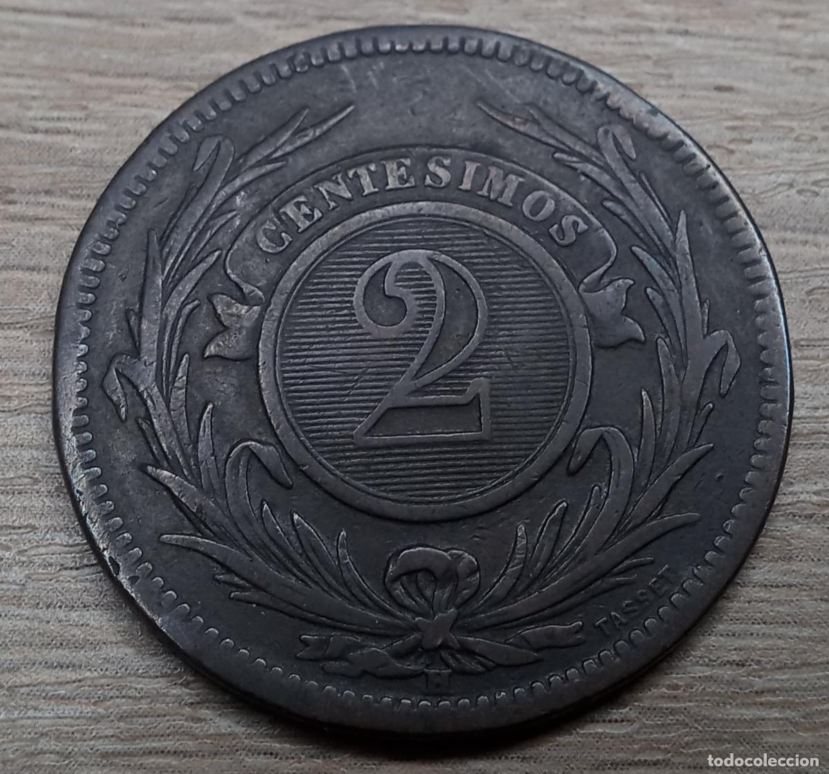 Monedas antiguas de Am&eacute;rica: 2 cent&eacute;simos de cobre, 1869, Urugay - Foto 1