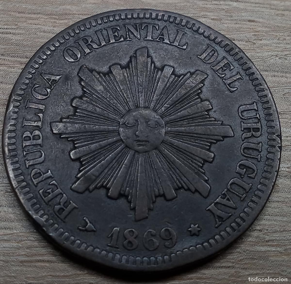 Monedas antiguas de Am&eacute;rica: 2 cent&eacute;simos de cobre, 1869, Urugay - Foto 2