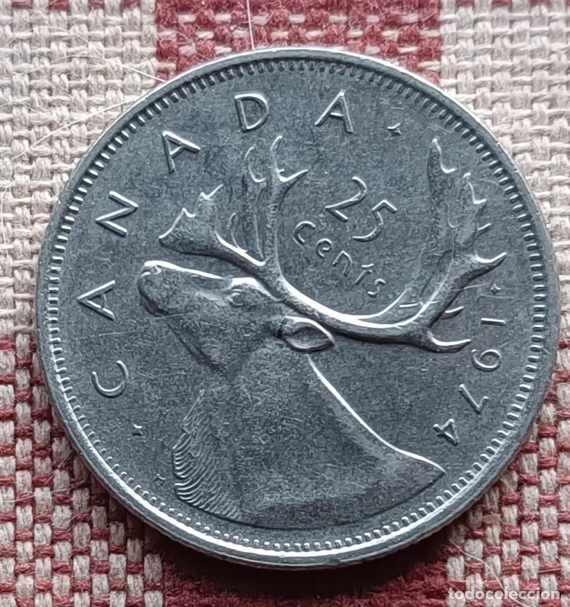 Monedas antiguas de Am&eacute;rica: Moneda de 25 c&eacute;ntimos de 1974 - C&aacute;nada - Foto 1