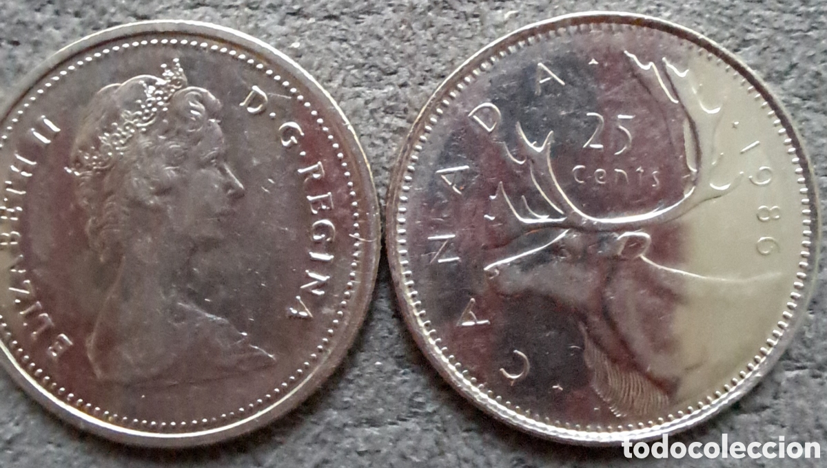 Monedas antiguas de Am&eacute;rica: Dos monedas 25 centavos Canad&aacute; 1986 - Foto 1