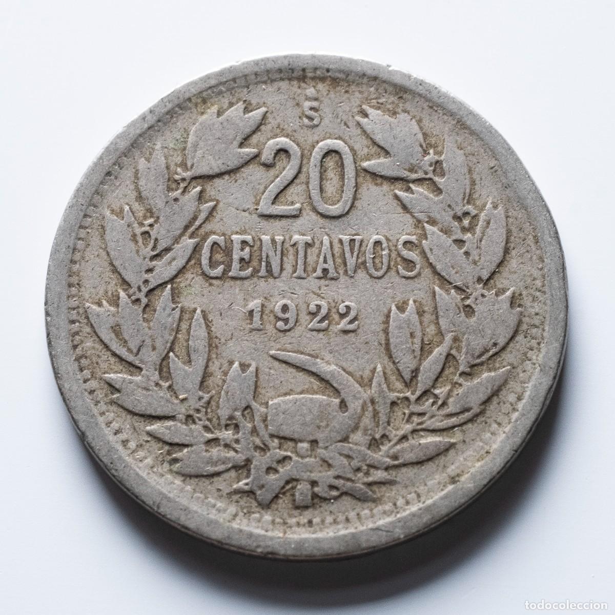 Monedas antiguas de Am&eacute;rica: 20 centavos 1922 Chile +BC - Foto 1