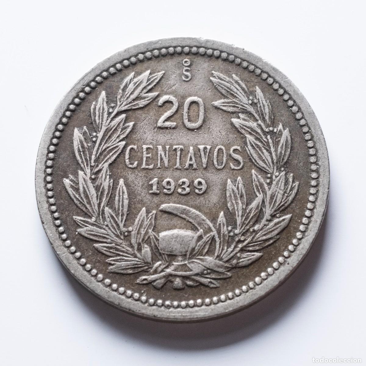 Monedas antiguas de Am&eacute;rica: 20 centavos 1939 Chile MBC - Foto 1