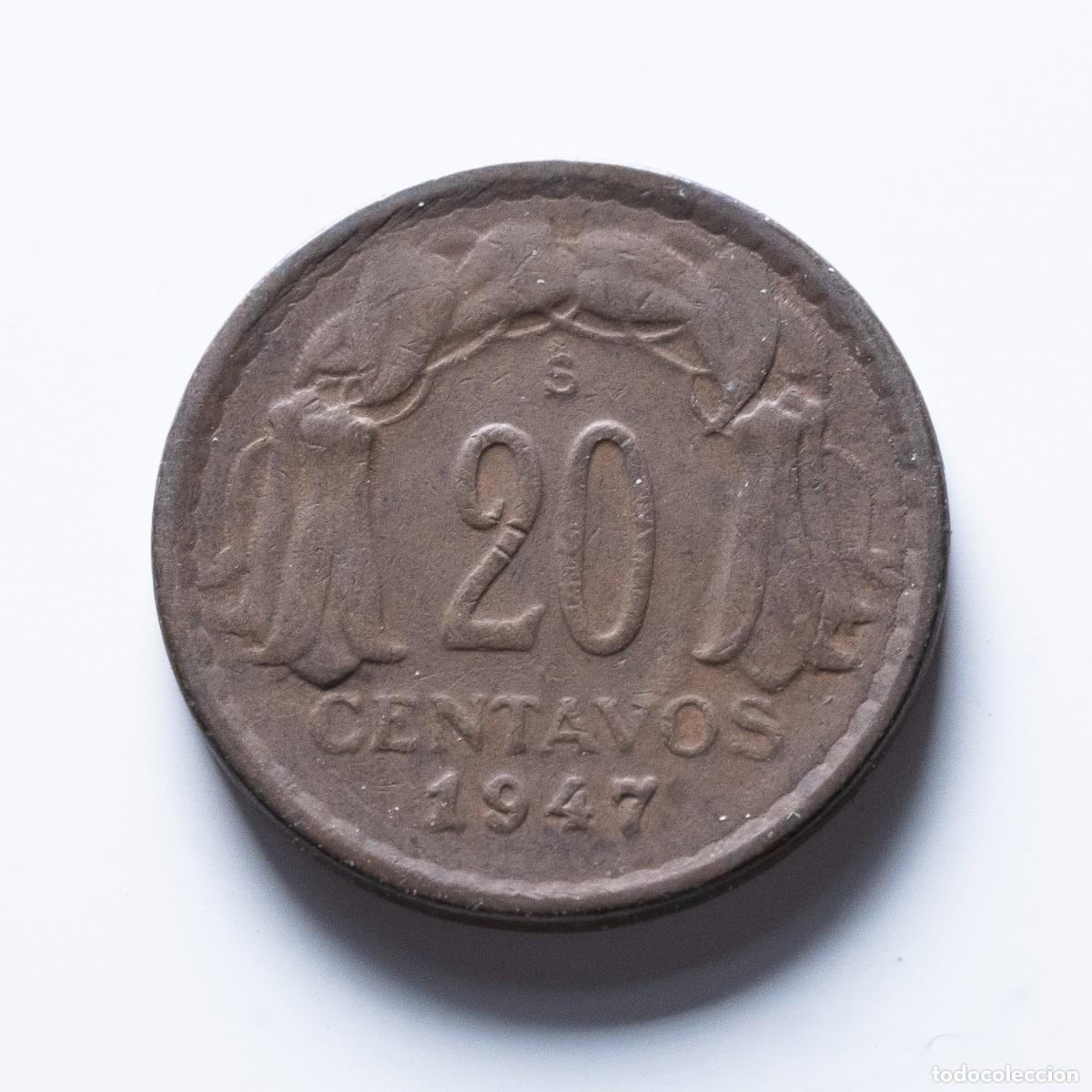 Monedas antiguas de Am&eacute;rica: 20 centavos 1947 Chile MBC - Foto 1