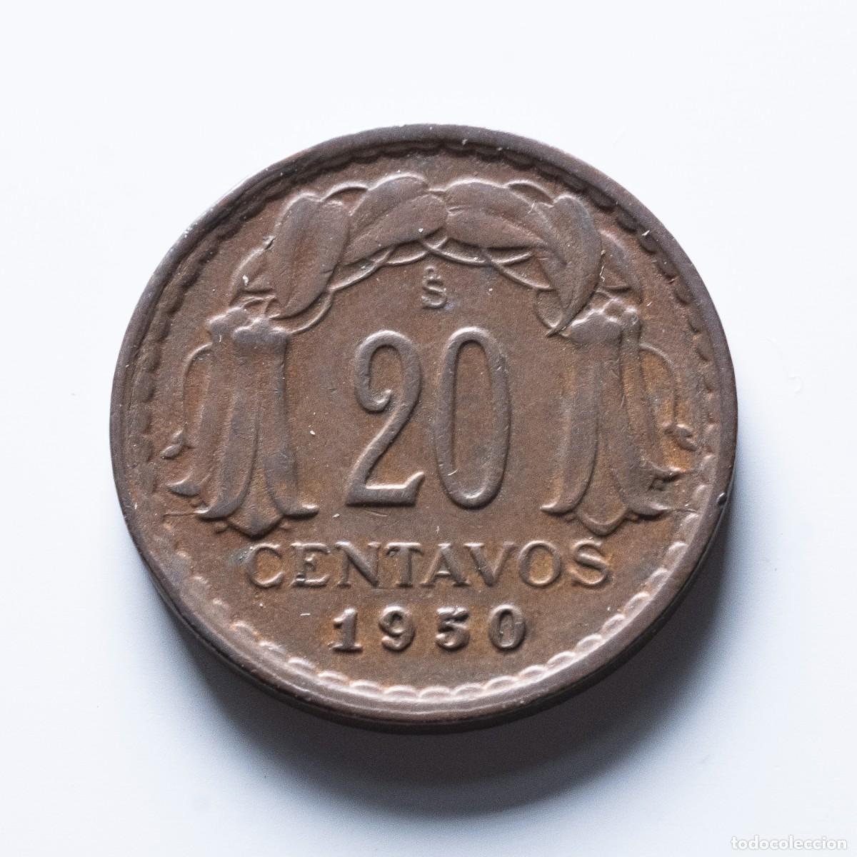 Monedas antiguas de Am&eacute;rica: 20 centavos 1950 Chile MBC - Foto 1