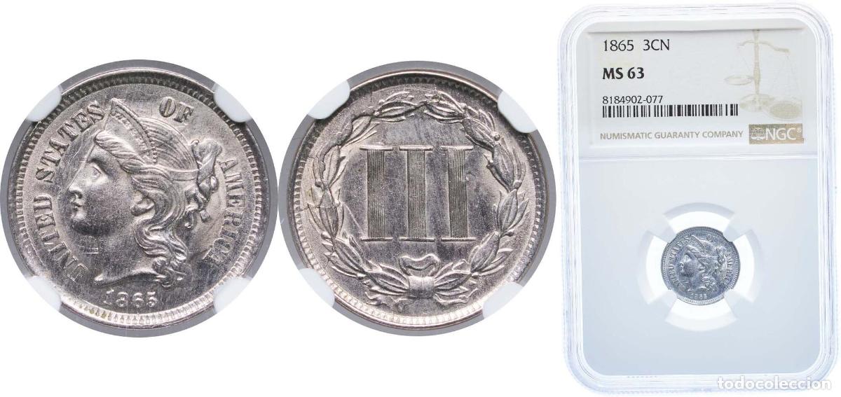 Monedas antiguas de Am&eacute;rica: United States Federal republic 1865 3 Cents &rdquo;Three Cent Nickel&rdquo; Copper-nickel (.750 copper, .250 ni