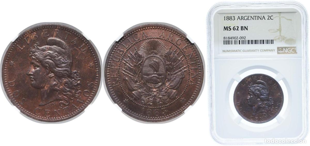 Alte M&uuml;nzen aus Amerika: Argentina Federal Republic 1883 2 Centavos Bronze (1389000) 10g NGC MS 62 KM 33