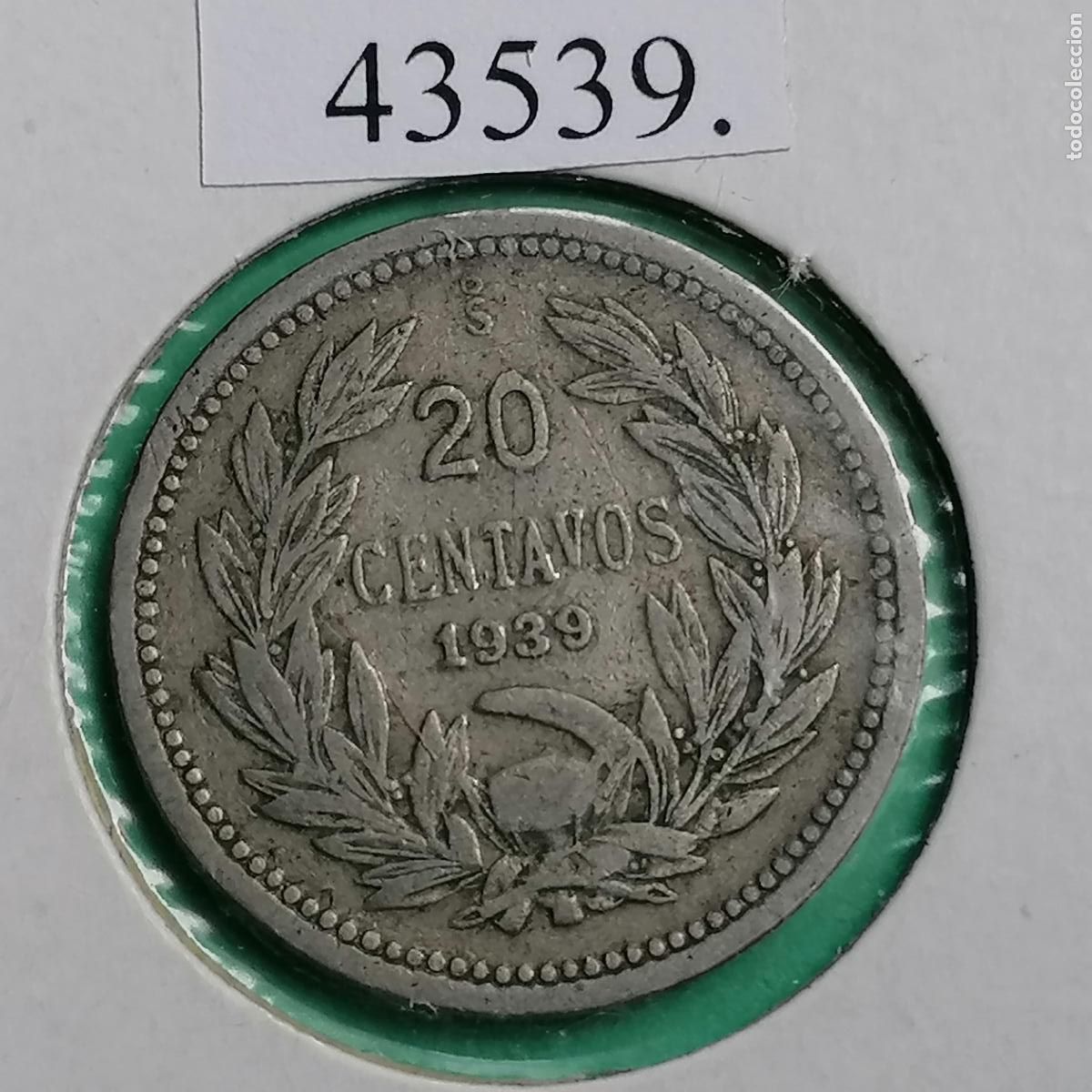 Monedas antiguas de Am&eacute;rica: Chile 1939, 20 centavos, c&eacute;ntimos - Foto 2