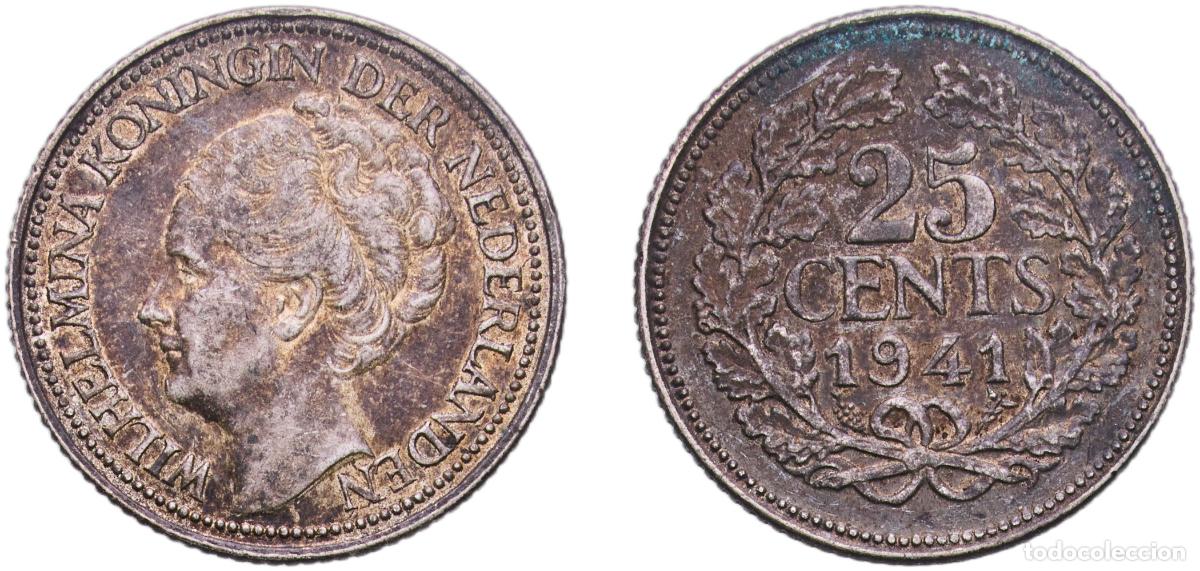Monnaies anciennes d'Am&eacute;rique: Netherlands 1941 25 Cents - Wilhelmina Silver (.640) Royal Dutch Mint (40000000) 3.57g AU KM 164 S