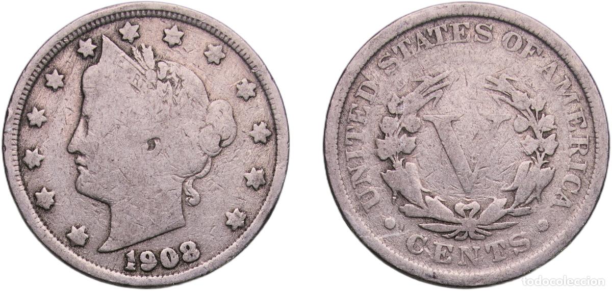 Alte M&uuml;nzen aus Amerika: United States Federal republic 1908 5 Cents &rdquo;Liberty Nickel&rdquo; (with &rdquo;CENTS&rdquo;) Copper-nickel Denver Mi