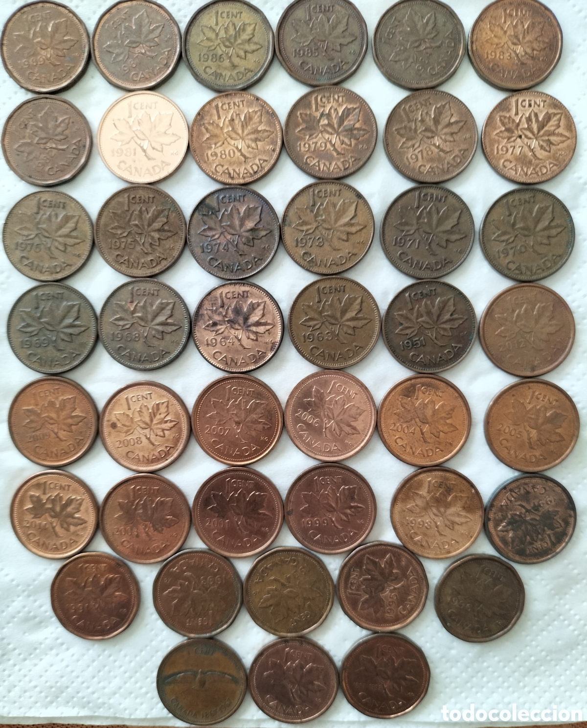 Moedas antigas da Am&eacute;rica: Lote 44 Monedas Distintas 1 Centavo Canad&aacute;.