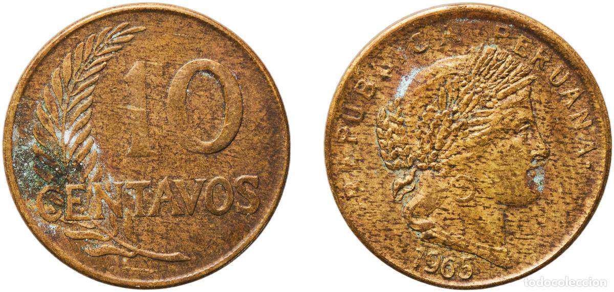 Monedas antiguas de Am&eacute;rica: Peru Republic 1965 10 Centavos Brass (70% Copper, 30% Zinc) Lima Mint (17808000) 2.61g XF KM 224