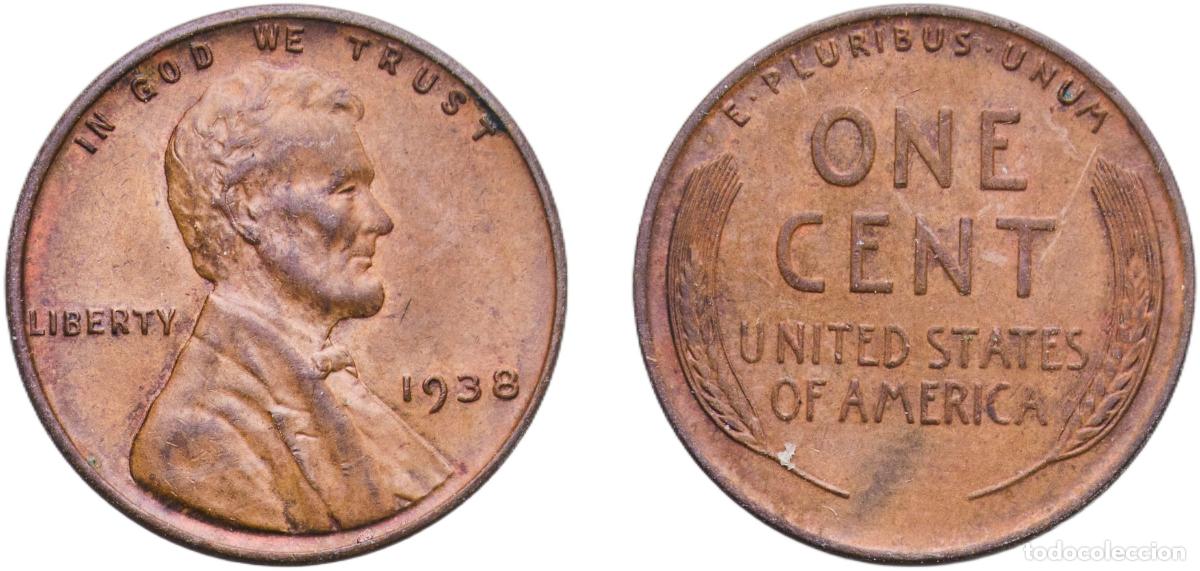 Alte M&uuml;nzen aus Amerika: United States Federal republic 1938 1 Cent &rdquo;Lincoln - Wheat Ears Reverse&rdquo; Bronze Denver Mint (2001
