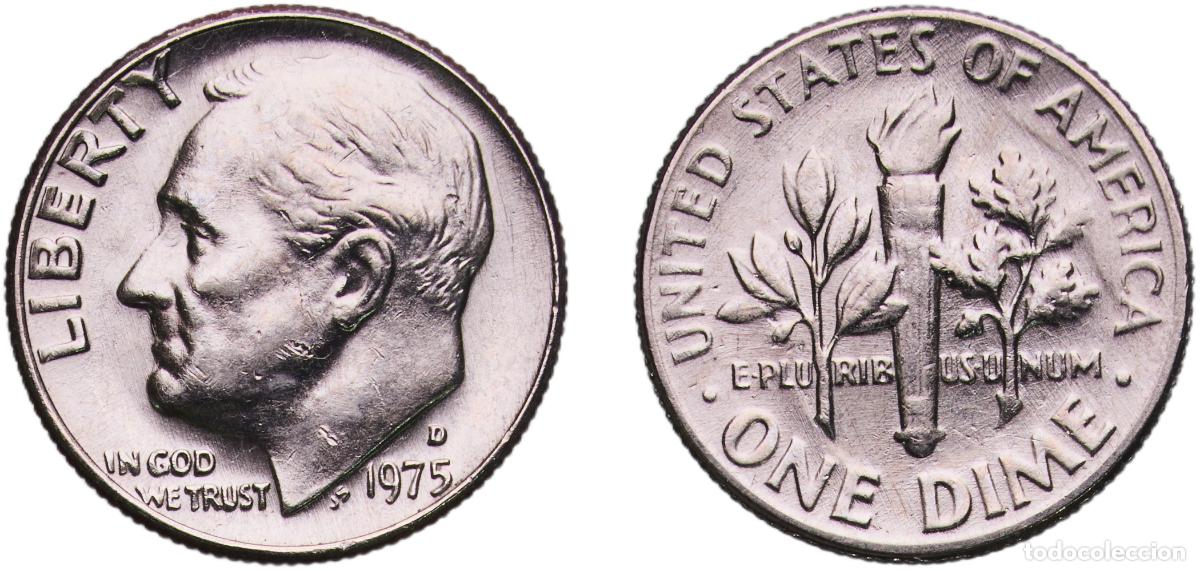 Moedas antigas da Am&eacute;rica: United States Federal republic 1975 D 1 Dime &rdquo;Roosevelt Dime&rdquo; Copper-nickel clad copper (91.67% Cop