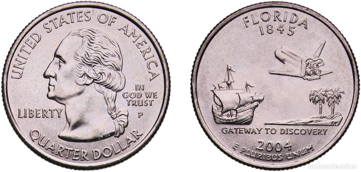Monnaies anciennes d'Am&eacute;rique: United States Federal republic 2004 P &frac14; Dollar &rdquo;Washington Quarter&rdquo; (Florida) Copper-nickel clad co