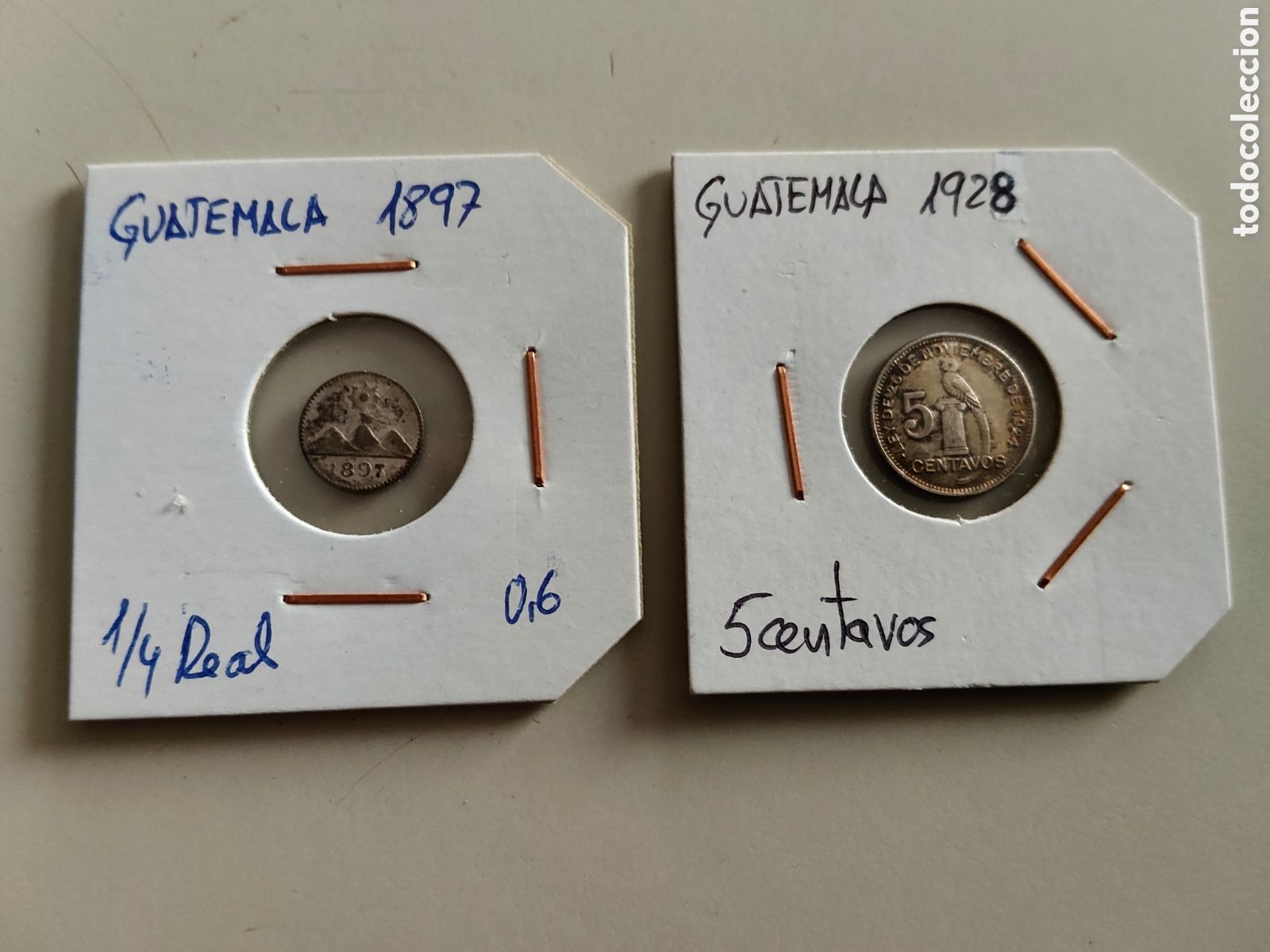 Monedas antiguas de Am&eacute;rica: Lote de 2 monedas Guatemala Plata Cuarto de Real a&ntilde;o 1897 y 5 centavos a&ntilde;o 1928