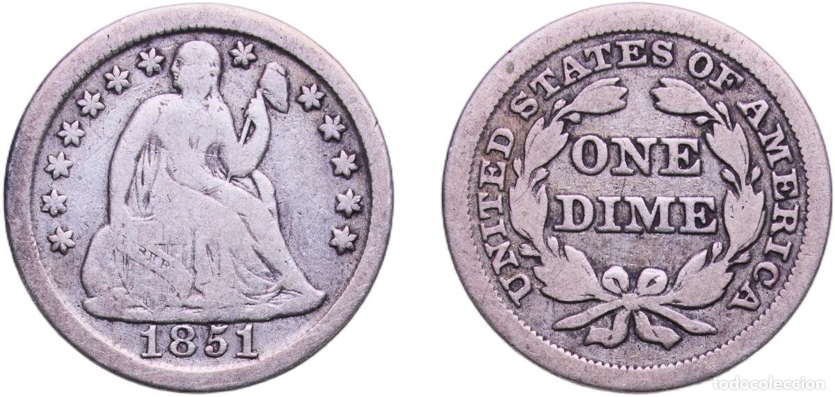 Old Coins of America: United States Federal republic 1851 1 Dime &rdquo;Seated Liberty Dime&rdquo; (with stars, no arrows) Silver (.9