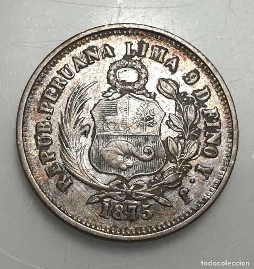 Monedas antiguas de Am&eacute;rica: PERU 1/5 DE SOL 1875 MBC - Foto 2