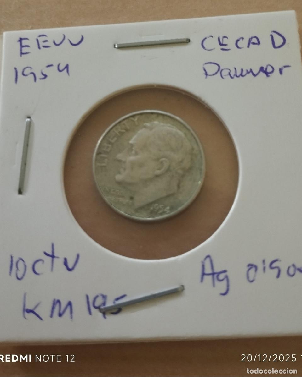 Monedas antiguas de Am&eacute;rica: Plata 10 centavos 1954 EEUU - Foto 1