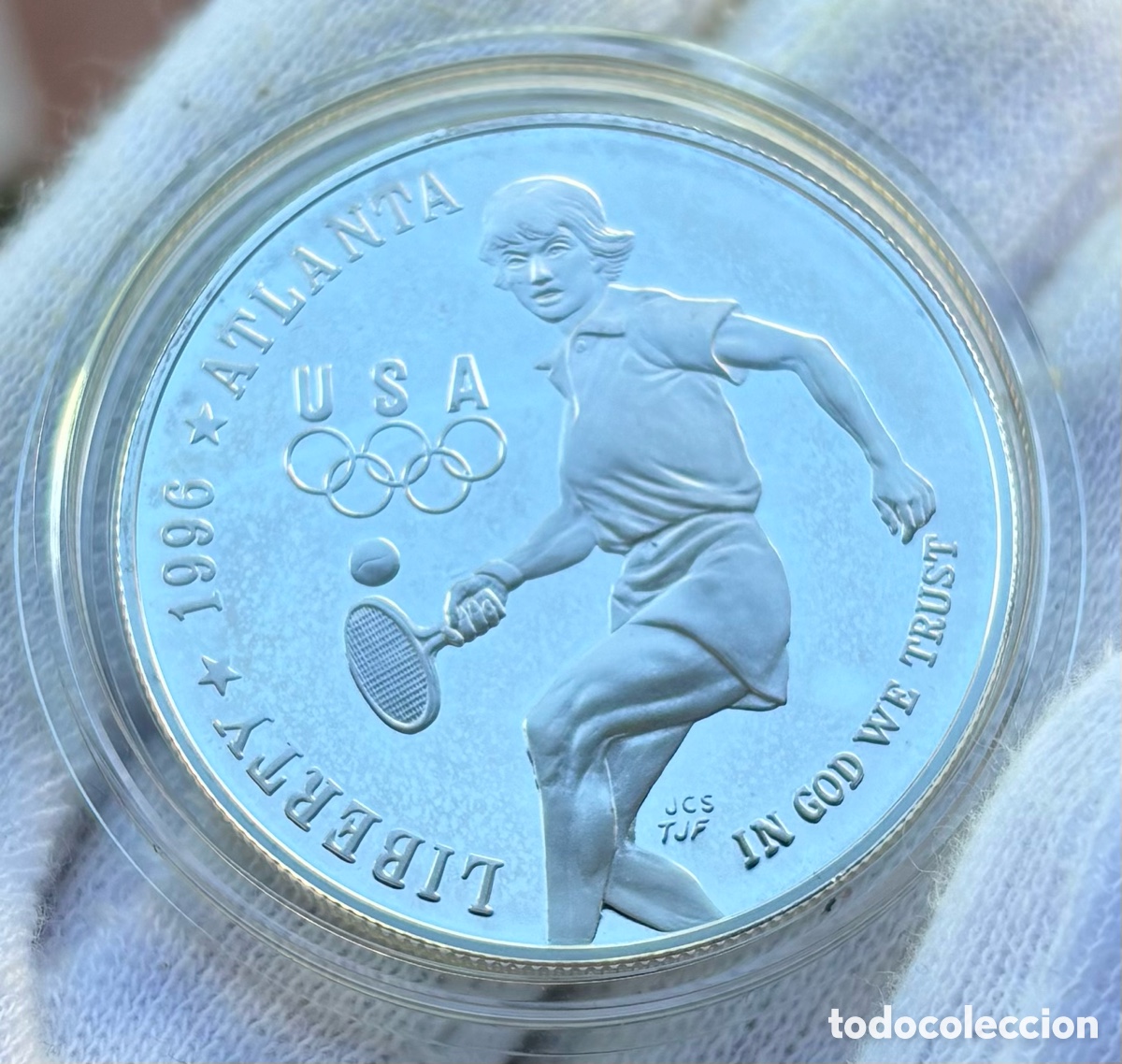 Monete antiche di America: Moneda PLATA USA 1 D&oacute;lar 1996-P Atlanta Tenis PROOF . Estados Unidos EEUU