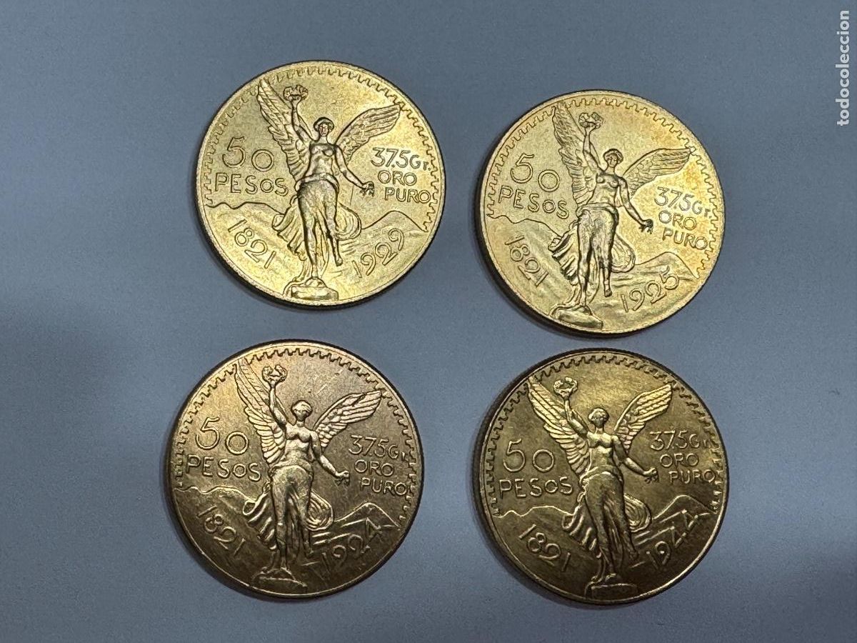 Monnaies anciennes d'Am&eacute;rique: 50 pesos oro M&eacute;xico. Cuatro unidades de base de plata y ba&ntilde;adas en oro de 24 kilates