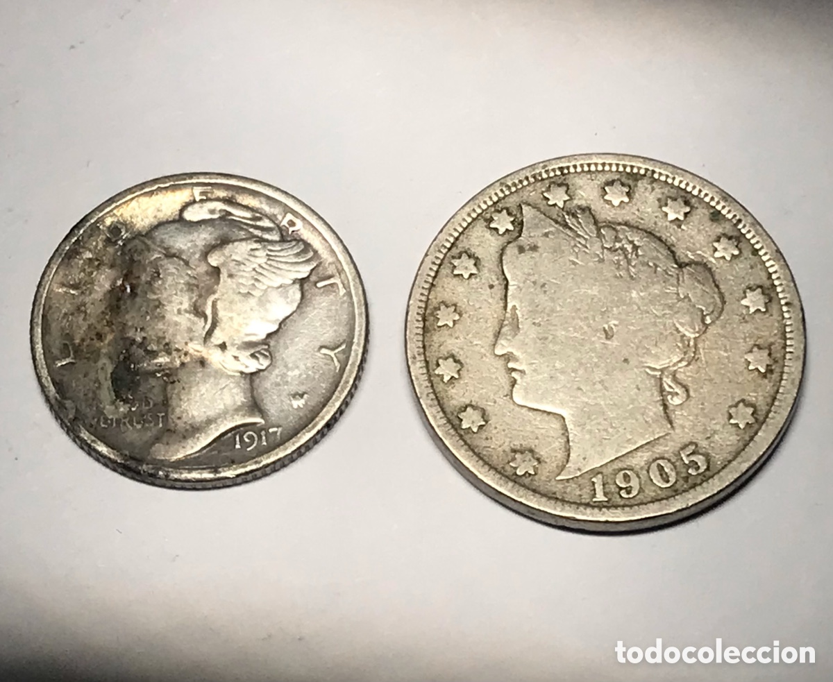 Monnaies anciennes d'Am&eacute;rique: Lote 2 Monedas Antiguas EEUU: 10 Cents Plata Mercury 1917 + 5 Cents Liberty 1905